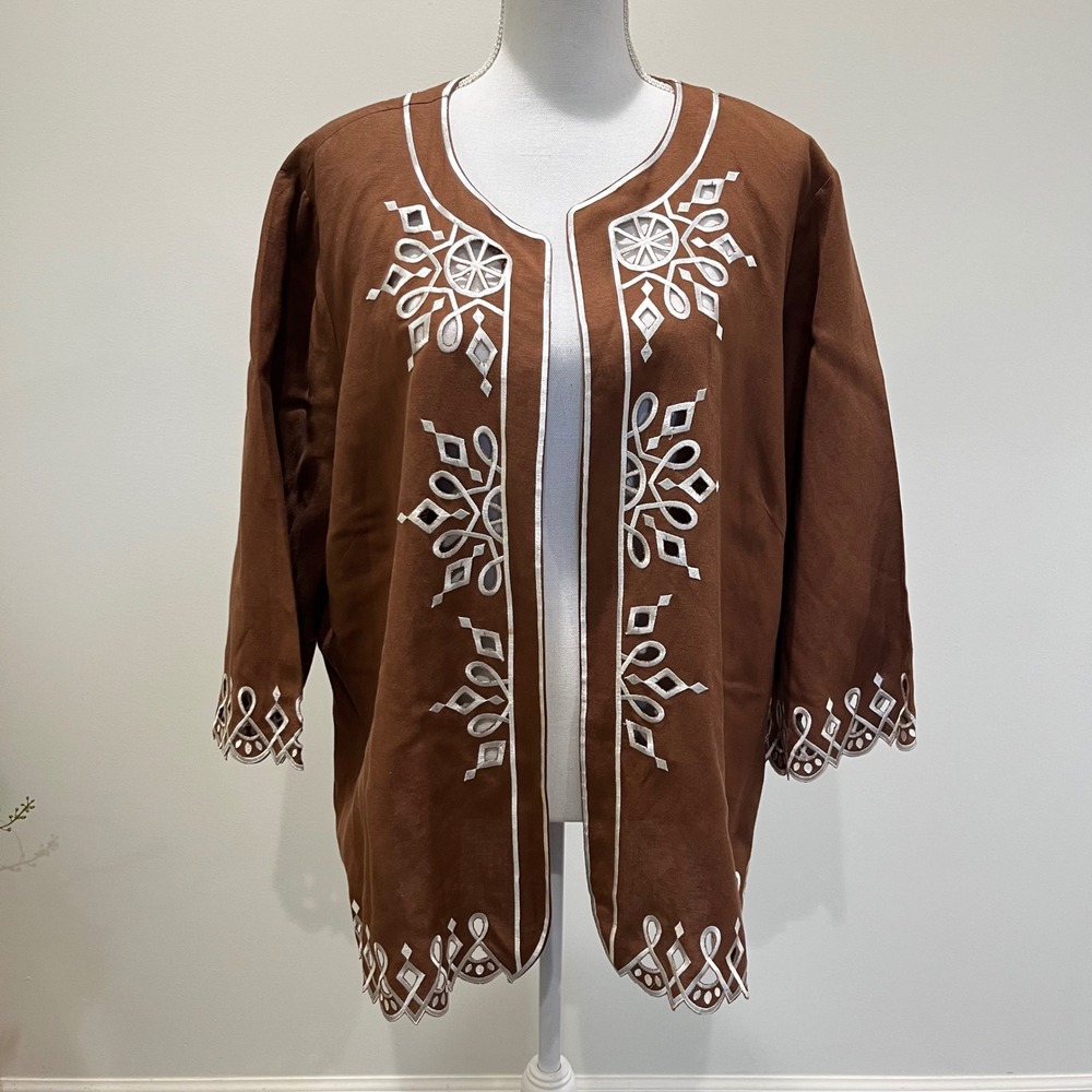 Bob Mackie Wearable Art Jacket Women 2X Brown Linen Embroider Cutout Boho Artsy